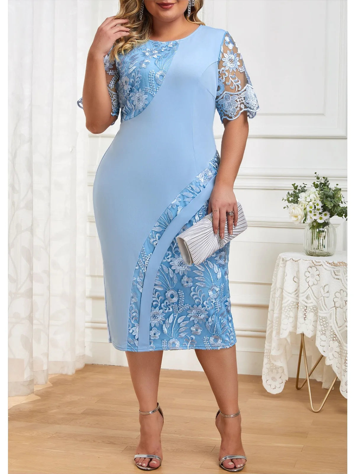 Elegant Plus Size Floral Patchwork Bodycon Evening Dress