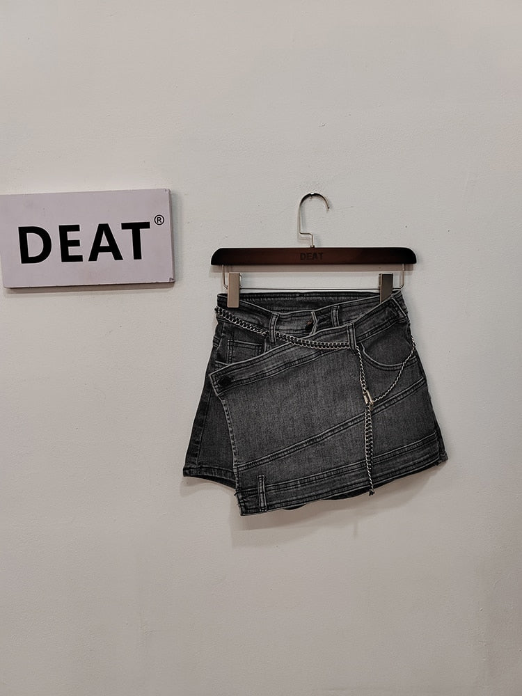 Women's High-Waist Irregular Chain Denim Skirt Spliced Gray Above Knee Mini Skirts