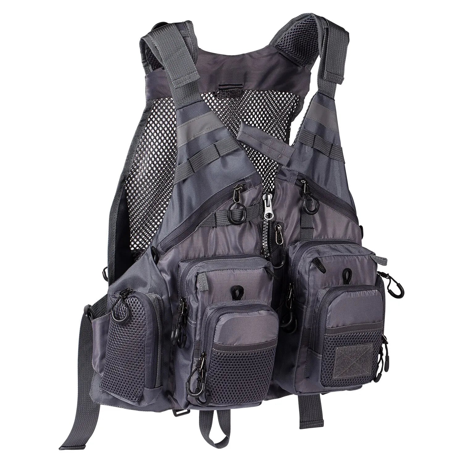 Gray tactical vest with multiple pockets and straps on a white background