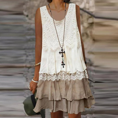 Lace Embroidered Vintage Mini Dress Women Sleeveless Casual Beach Vacation Summer Fashion