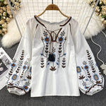 Women's O-Neck Loose Fit Embroidered Tops Loose Fit Casual Blouses Lantern Sleeve