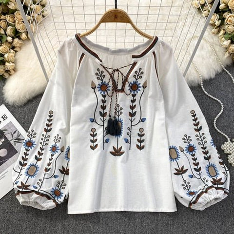 Lantern Sleeve Embroidered Blouse Women O-Neck Loose Fit Casual Elegant Fashion Top