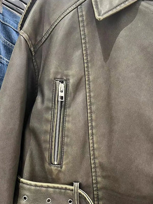 Women's Vintage Loose Faux Leather Short Jacket with Belt Biker Style Retro Jacket