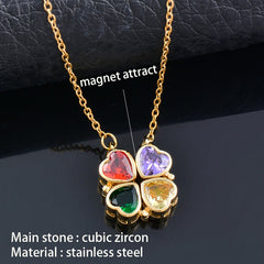Shamrock Necklace Four Leaf Clover Heart Pendant 4 Crystal Heart Clover Gold Plated Stainless Steel Cubic Zirconia Necklace