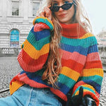 Turtlenecks Sweaters for Women Long Sleeve Striped Rainbow Striped Top Turtleneck Knitted Sweater Jumper Shirt