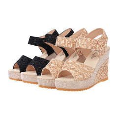 Boho Lace Wedge Sandals for Women – Summer Platform Peep Toe Espadrilles with Adjustable Strap
