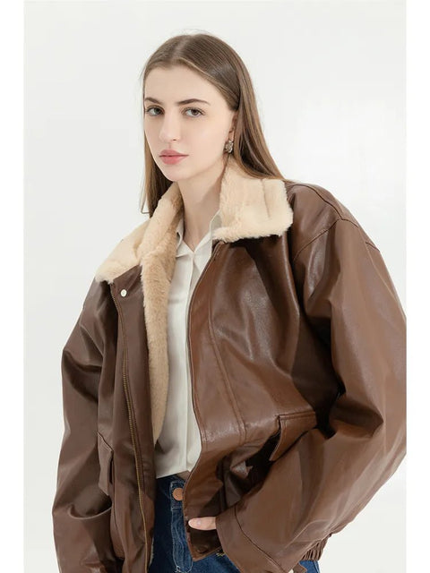 Faux Leather Jacket Women Fur Collar Lining Loose Warm Lamb Wool Vintage Thick Lapel Motorcycle Coat