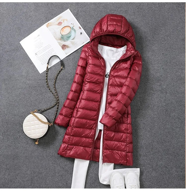 Women's Jacket Ultralight Thin Packable Long Down Jacket Puffer Slim Hooded Parka