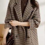 New Vintage Women's Plaid Wool Blazer Double Breasted Suit Jacket Loose Blazer Coat