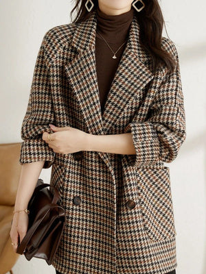 New Vintage Women's Plaid Wool Blazer Double Breasted Suit Jacket Loose Blazer Coat