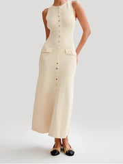 Elegant Single Breasted Knitted Long Dress New Fashion O-Neck Sleeveless Fake Pockets Slim Dresses