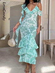 Women's Floral Print Smocked Ruffle Midi Dress Vintage Sleeveless Spaghetti Strap Tiered Slim Fit Prom Evening Dress
