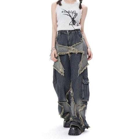 Wide Leg Jeans Women American Retro High Street Punk Casual Baggy Trendy Fashion Trousers