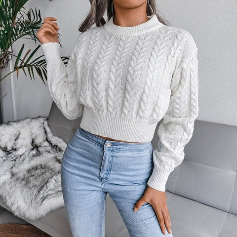 Twist Knitted Crop Sweater Women Warm Pullover Casual Cozy Winter Ladies Fashion Top