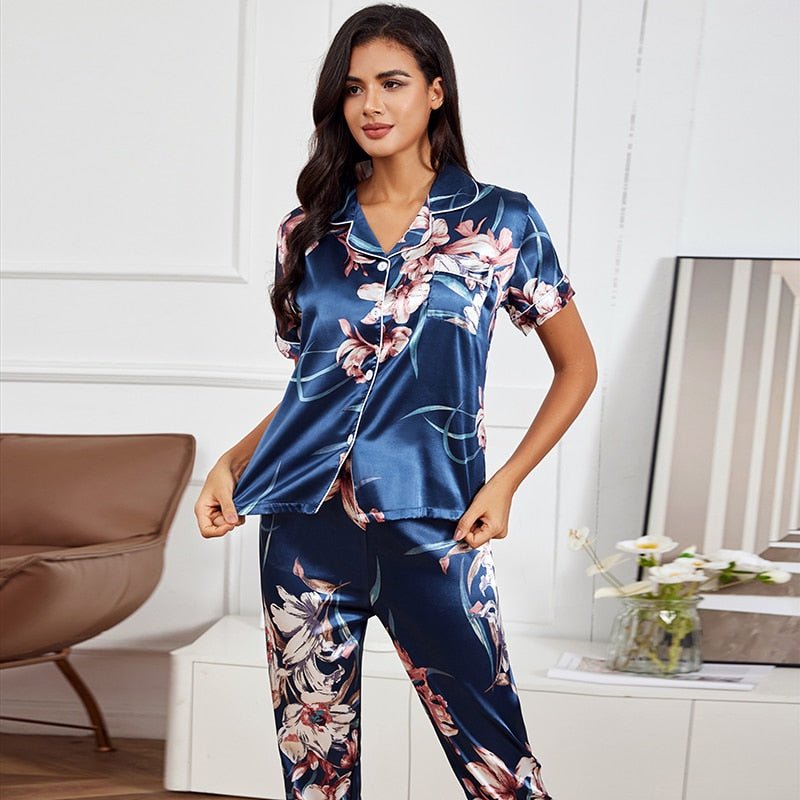 Silk Pajama Set Women 2-Piece Nightwear Tops Pants Casual Loungewear Sleepwear Fashion