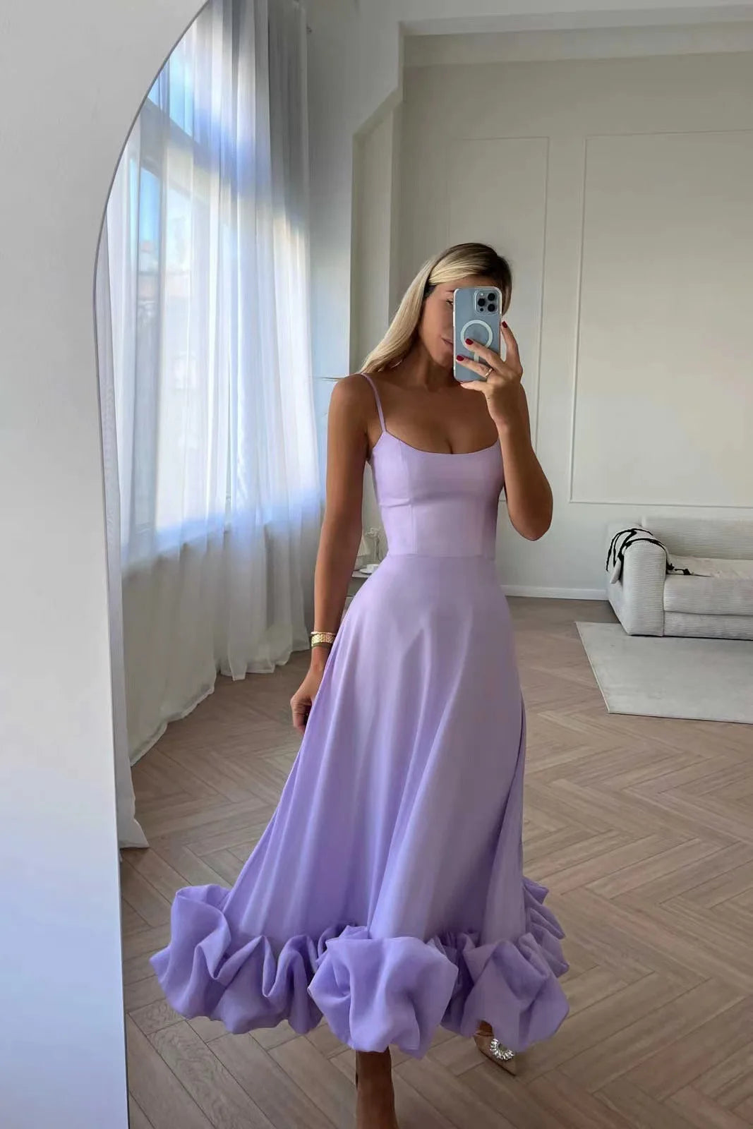 Elegant Ruffle Solid Long Dress Spaghetti Strap Party Dresses Strap Waist Sleeveless Backless Beach Swing Skirt A-line Tutu