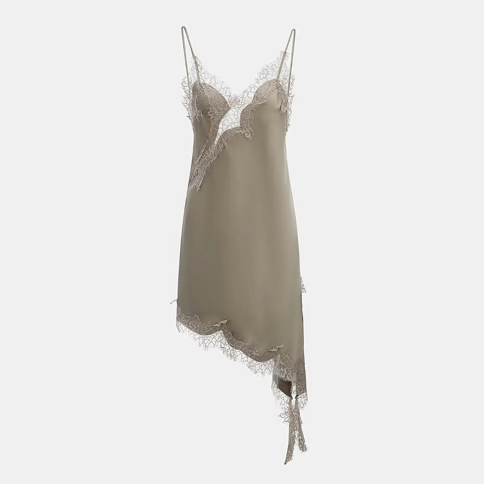 Beige slip dress with lace details on a light gray background
