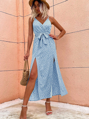 Floral Print Maxi Summer Dress for Women Sexy Low Back Slit Casual Elegant Sundresses