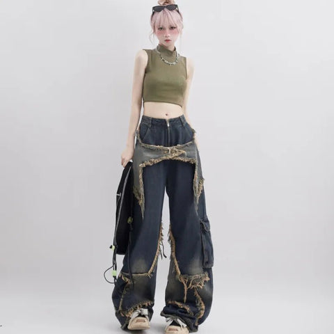 Blue Jeans Women Distressed Contrast Color High Waist Wide Leg Vintage Hip Hop American Streetwear