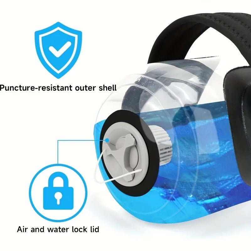 Close-up of a puncture-resistant outer shell and air and water lock lid with icons and text.