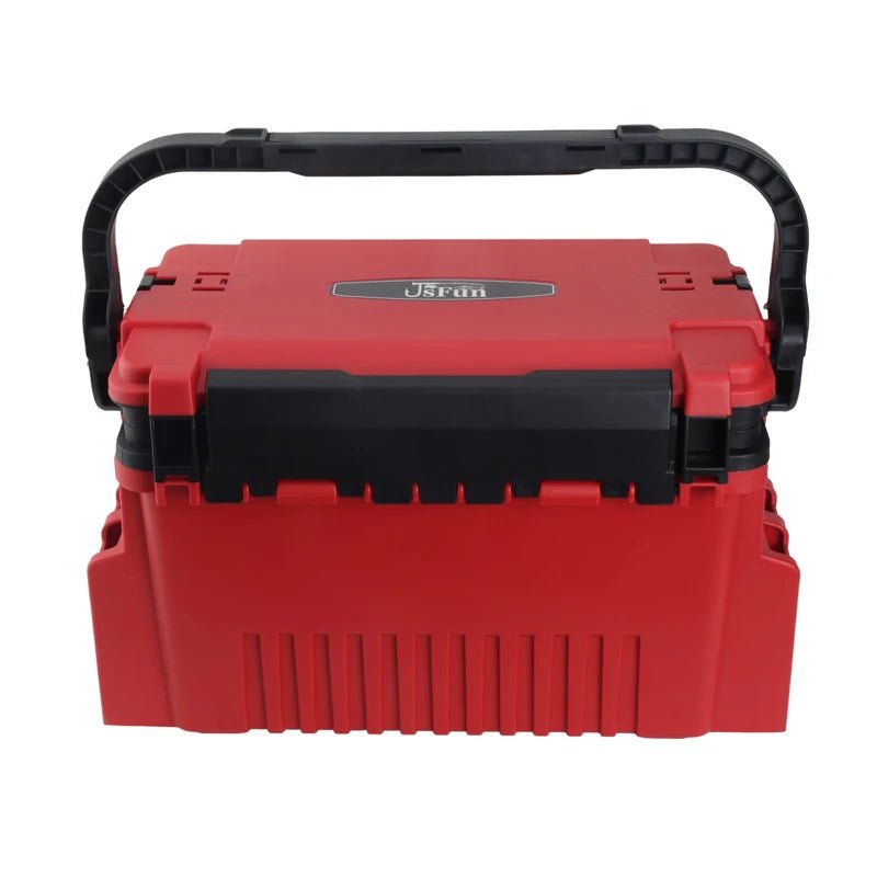Red toolbox with black handle on a white background