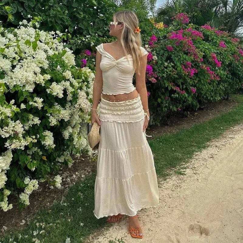 2-Piece Skirt Set Crop Top And Skirt Set New Fashion Summer Vacation Outfits Ruffle Beach Holiday Set