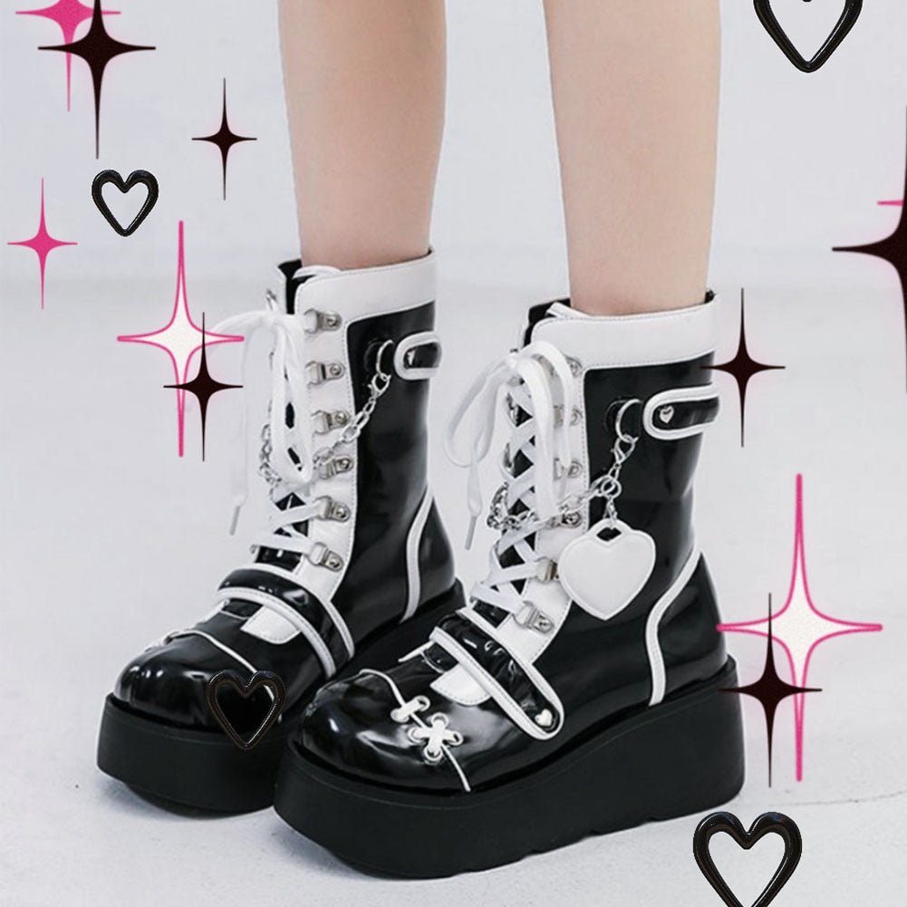 Gothic Platform Mid-Calf Boots Women High Heel PU Faux Leather Wedge Casual Fashion Shoes