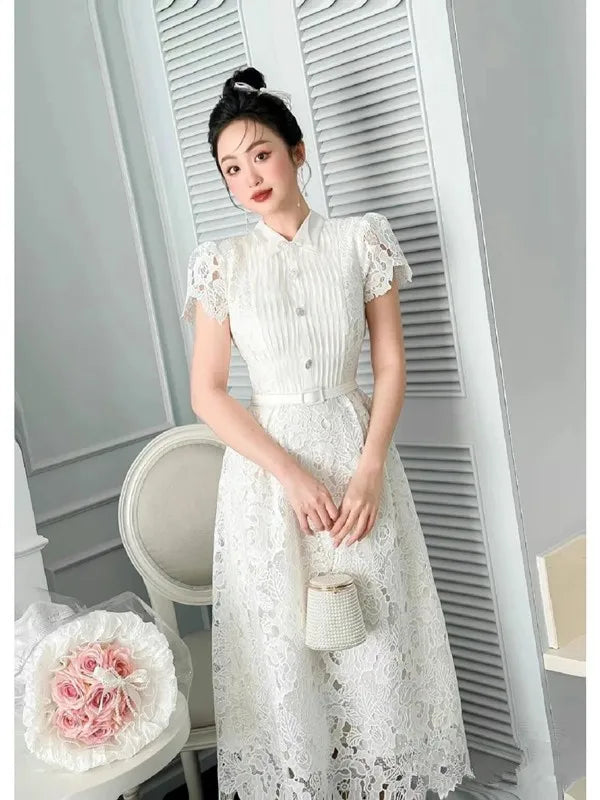 Spring Summer Flower Embroidered White Lace Evening Prom Holiday Dress Short Sleeve Bow with Pearls Beads