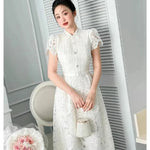 Spring Summer Flower Embroidered White Lace Evening Prom Holiday Dress Short Sleeve Bow with Pearls Beads