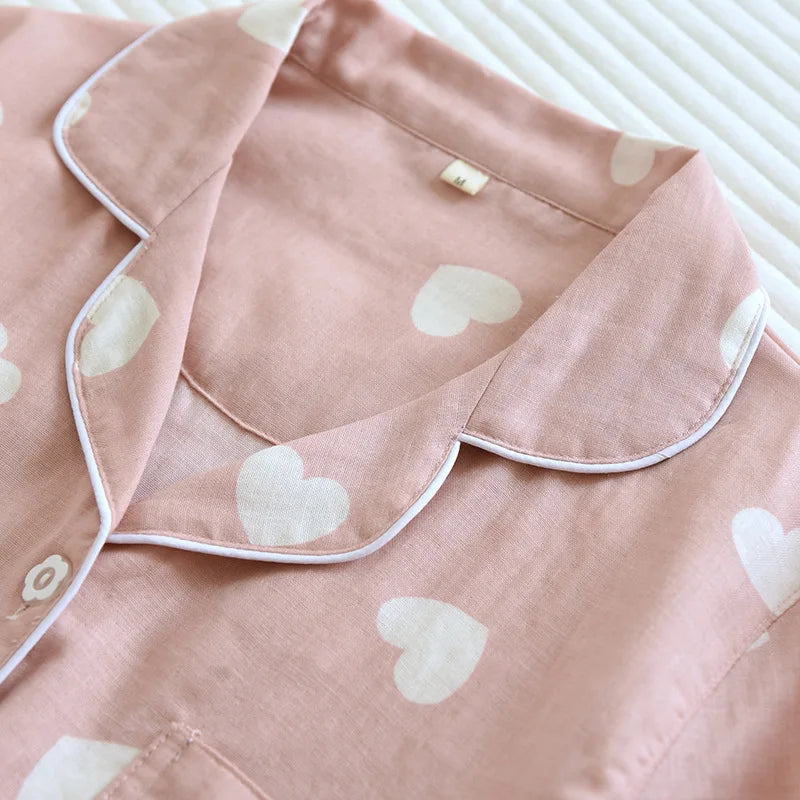 Heart-Print Long-Sleeve Pajama Set 100% Cotton