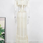 Sexy White Lace Dress Turtleneck Tassel Sleeve Slim Hollow Out Waist Long Dress Spring Summer Beach Maxi Dress