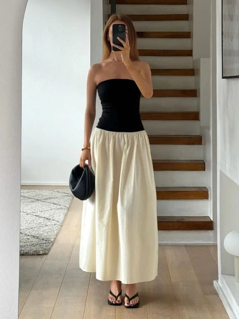 Maxi Dress Women Patchwork Strapless Contrast Color A-Line High Waist Sleeveless Long Party Dress