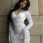 Elegant Lace See Through V-Neck Maxi Sexy Dress For Women Summer Chic Long Sleeve Hollow Out Slim Maxi Dress