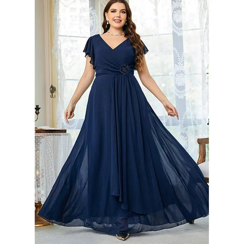 Plus Size Chiffon Maxi Dress Women Royal Blue V-Neck Short Sleeve Elegant Evening Wedding Prom