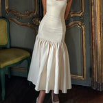 Ruffled Patchwork Midi Dress New Fashion Slim High Waist Backless Pleated Sleeveless Long Dress