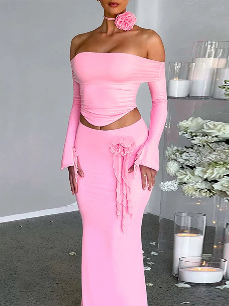 2-Piece Bodycon Skirt Set with Flower Slim Sexy Backless Lace-Up Tops Elegant Party Long Dress Skirt Suits