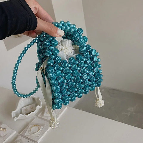 Crossbody Bag Women Retro Pearl Mini Hand Woven Beaded Versatile Shoulder Handbag Purse