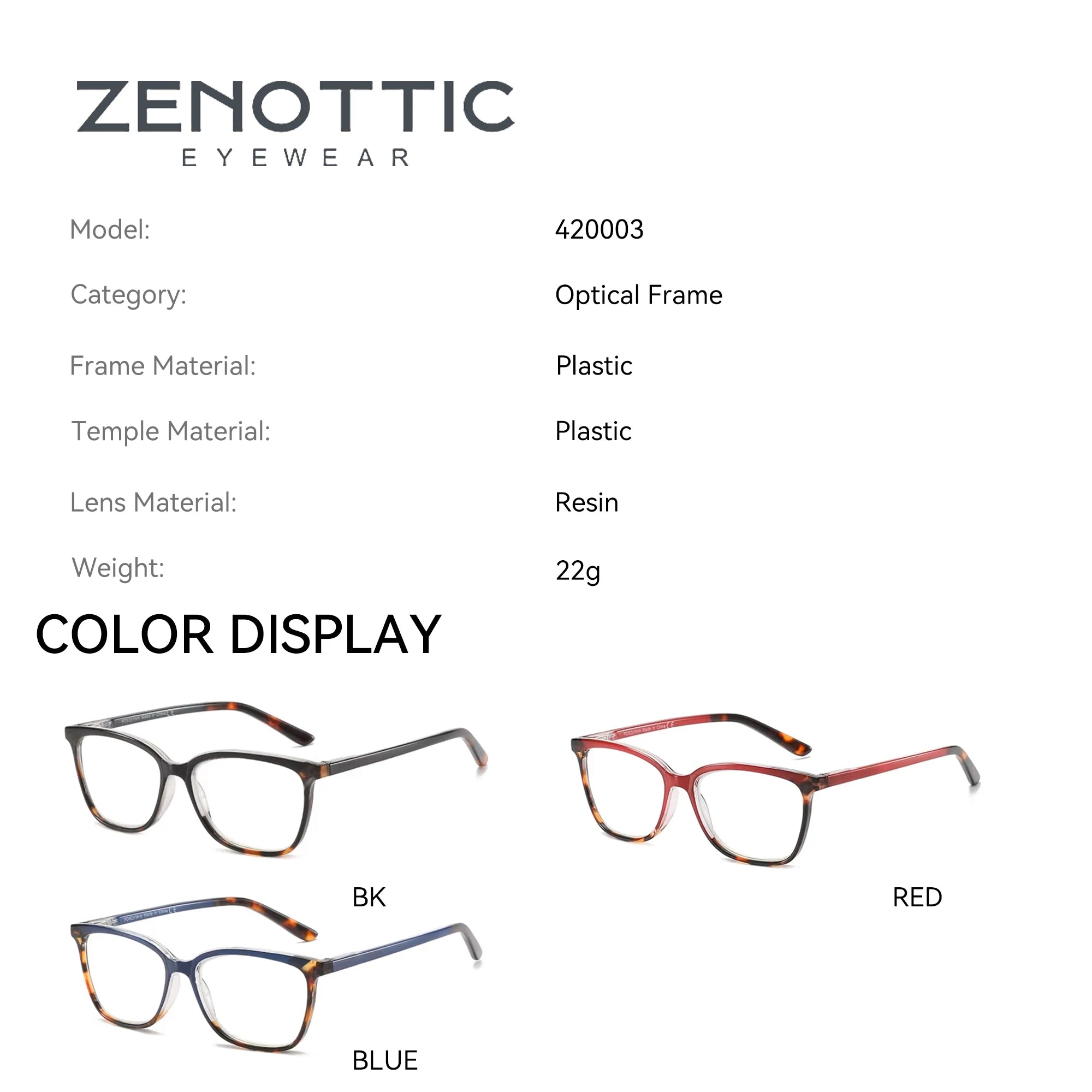 Zennottic eyewear product details with three color options displayed.