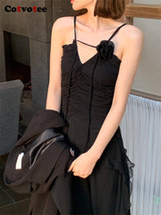 Ladies Black Midi Hollow Out Sleeveless Evening Dress