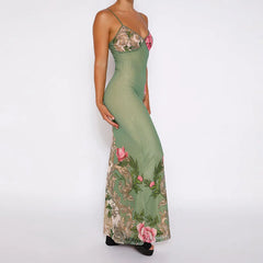 Sleeveless Floral Print Spaghetti Strap Dress New Fashion Maxi Beach Party Club Chic Dress