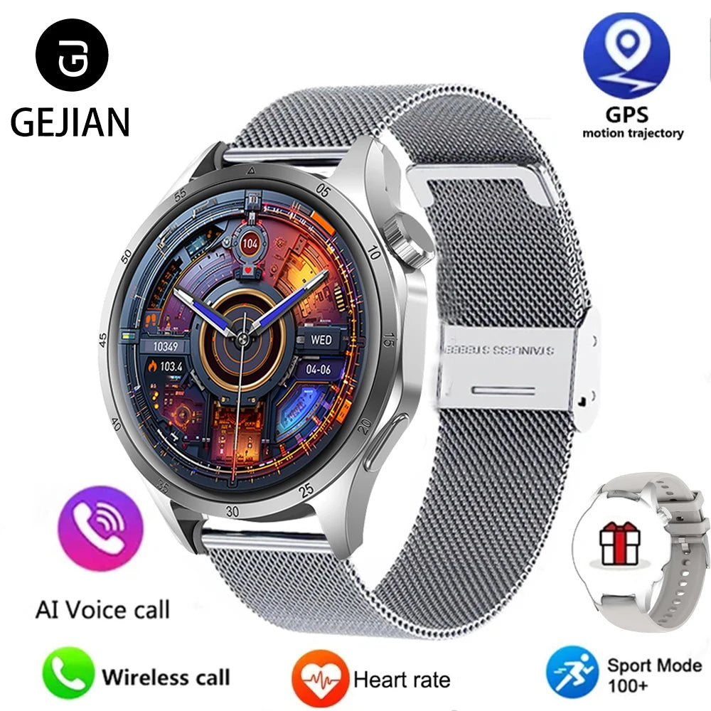 Smartwatch with metallic band and colorful display, featuring GEJIAN branding and GPS tracking.