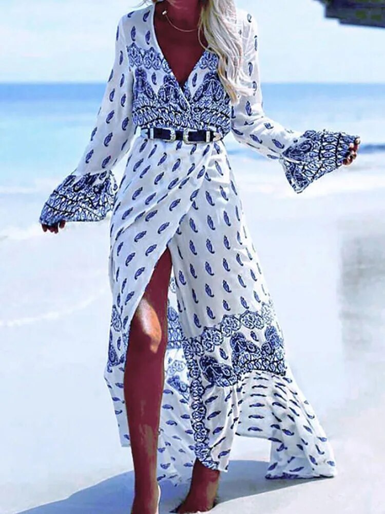 Bohemian Print Wrap Summer Long Dress Women Flare Sleeve Split Robe Beach Vintage Dresses