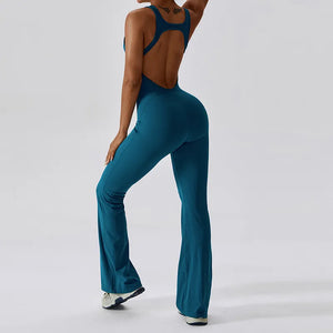 Women's Gym Fitness Training Bodysuit Yoga Sportswear Stretch Workout Romper Flare Bottoms