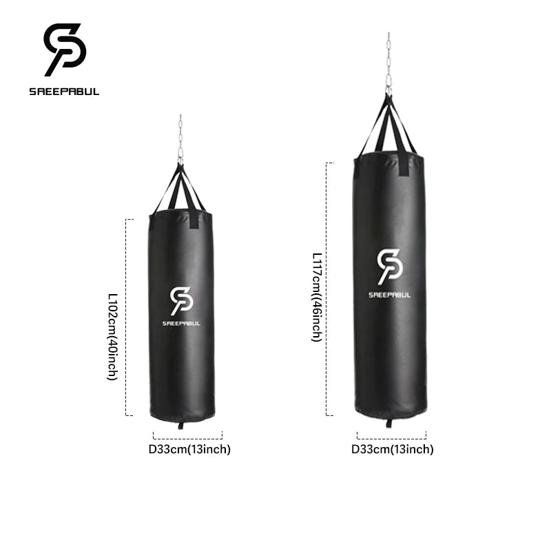 Black punching bags with measurements and SPEEPBUL logo on a white background