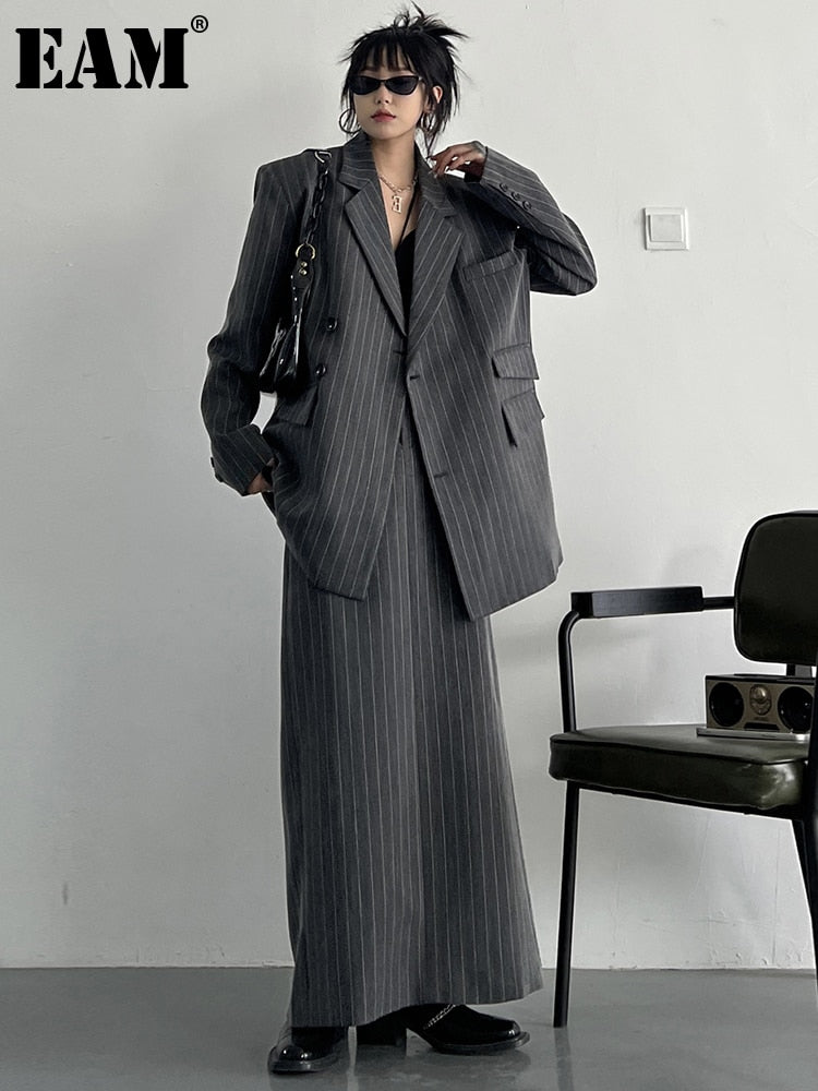 Long Sleeve Over Sized Two Piece Striped Business Suit for Women