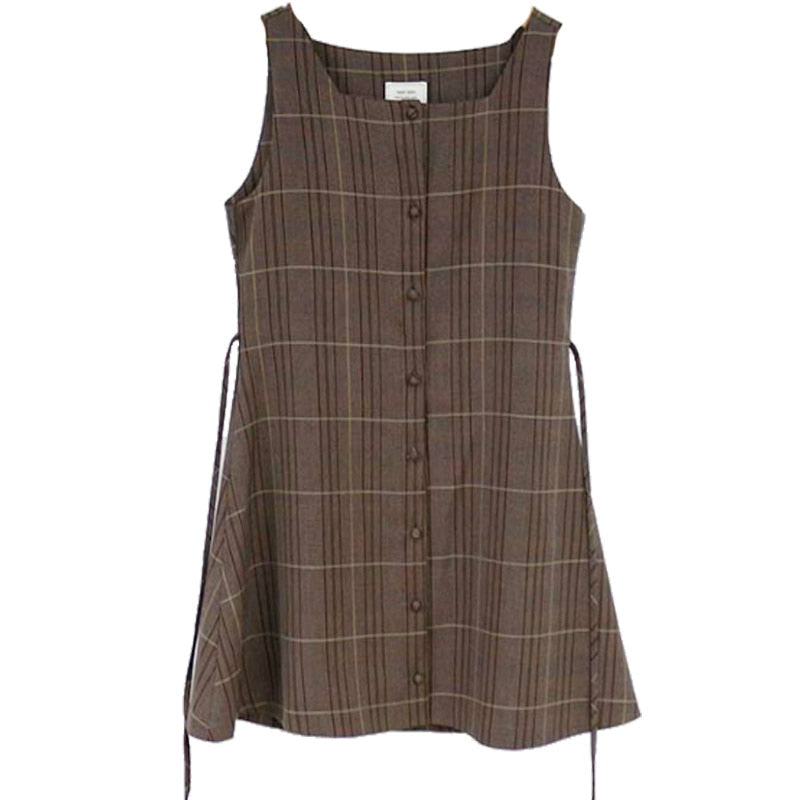 Cute Mini Sleeveless Vest Dress & Shirt Set for Women Retro Vintage Button Shirt & Plaid Dress