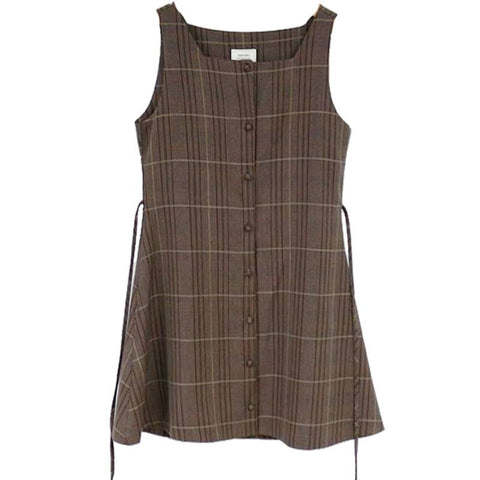 Vest Dress & Shirt Set Women Cute Mini Sleeveless Retro Vintage Button Plaid Casual Fashion