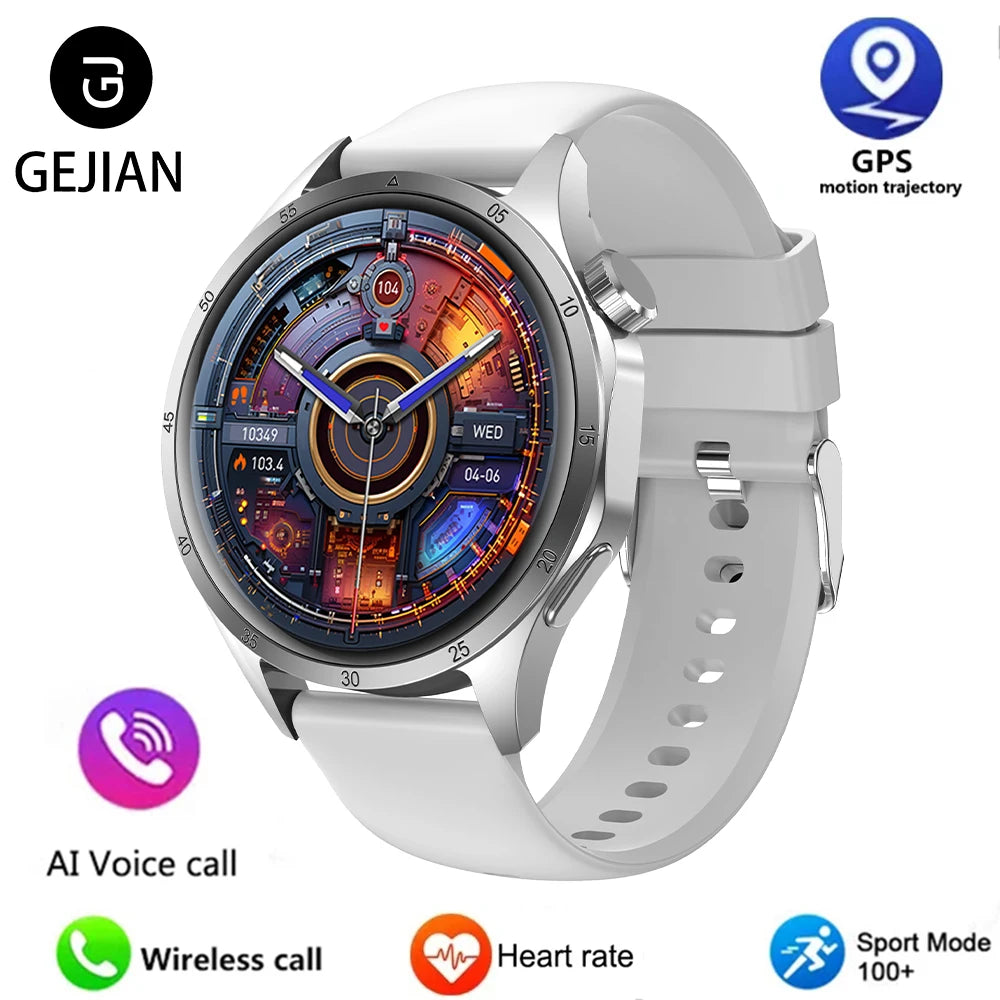 Smartwatch with colorful display and various features on a white background, featuring the brand 'GEJIAN'.