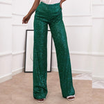 Women's Elegant Silk Sequin Pants, Midi Waist, Loose Long Pants, Classic Trousers Trendy Fashion, Streetwear