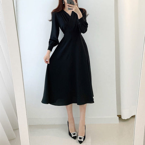 Puff Sleeve A-Line Maxi Dress Women Solid V-Neck Elegant Casual Party Fashion Dress